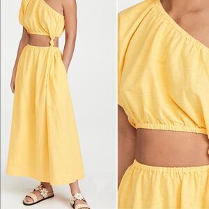 FARM Rio One-Shoulder Open-Waist Midi Dress Small Yellow Linen Blend Vacation
